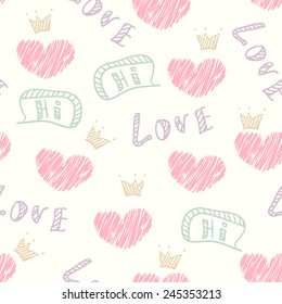 Doodle love seamless pattern with hearts, crown and speech bubble