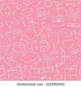 Doodle love seamless pattern. Romantic gentle background with valentines day and wedding elements. White sketch of attributes on a pink background. Print for textile, paper, wallpaper, design. Flat