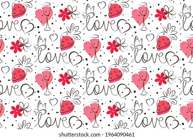 Doodle love seamless pattern. Sketch ink brush hand drawn grey contour line, linear lettering. Cute cartoon style. Pink heart, strawberry crown, flower champagne glass. Transparent background. Vector