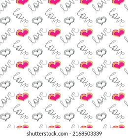 Doodle love seamless pattern. Sketch ink brush hand drawn grey contour line, lettering. Cute cartoon festive funky style. Pink orange heart shape. White background. Vector
