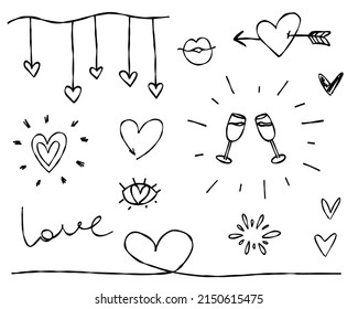 Doodle love set hand drawn. Valentines day for wedding isolated collection.