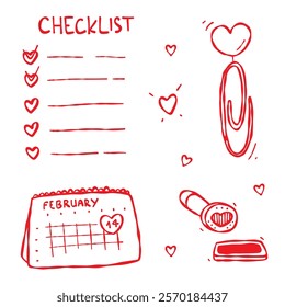 Doodle Love Stationery. Calendar, checklist, stamp, paper clip. Love themed contour elements, red line isolated on a white background. Valentine, wedding, anniversary, decor, web, blog design