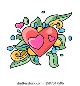 Doodle Love tattoo. Cartoon vector hand drawn Doodle Love illustration. doodle hearts on a background of splashing water and winter flowers by February 14. Image for valentine s day greeting card