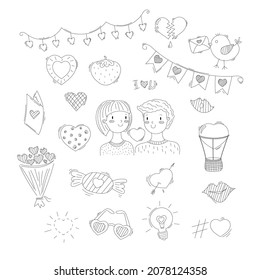 Doodle love valentine day. Hand drawn heart, couple, garland, balloon, bouquet design element. Stock vector illustration isolated on white background.