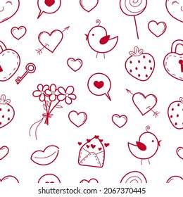 Doodle love valentine day seamless pattern. Cartoon Valentine line art. Love, heart, letter, bouquet, bird, key, lock postcard. Stock vector illustration isolated on white background.