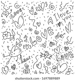 doodle love. Valentine's pattern. Black-white background.