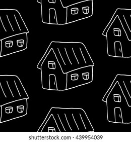 Doodle lovely pattern with hand drawn houses. Trendy vector black and white lovely pattern. Seamless monochrome lovely pattern for fabric, wallpapers, wrapping paper, cards and web backgrounds.