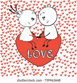 Doodle lovers: a boy and a girl holding hands, sitting on the love heart with red hearts around. Cartoon figure lovers, stick man. Love Invitation card. Illustration of love and valentine day.