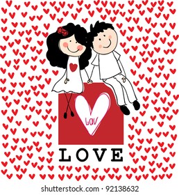 Doodle lovers: a boy and a girl holding hands, sitting at the love box with red hearts around