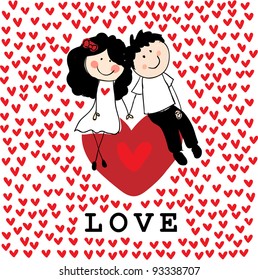 Doodle lovers: a boy and a girl holding hands, sitting at the heart with red hearts around them.