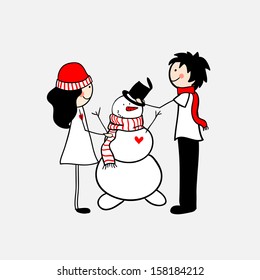 Doodle lovers: a boy and a girl making snowman.