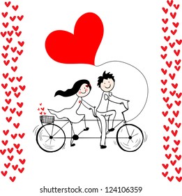 Doodle lovers: a boy and a girl riding tandem bicycle.