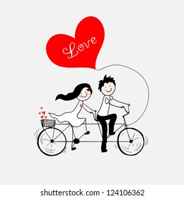 Doodle lovers: a boy and a girl riding tandem bicycle.