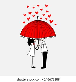 Doodle lovers: a boy and a girl under umbrella.