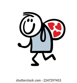 Doodle loving man runs contentedly and carries a bag with women's hearts. Vector illustration of the thief of feelings and love.