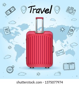 doodle luggage and accessories travel around the world concept summer banner. plane check in Invitation on blue bokeh Background. content paper art, vector, Card, Poster, Hand Draw