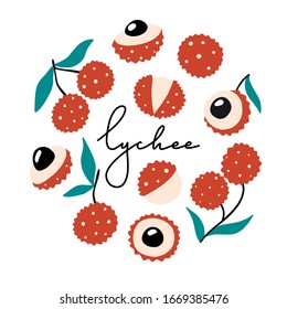 Doodle lychee vector set with lettering. Hand drawn abstract tropical flat exotic fruits. Summer healthy vegeterian food illustration. Tropical cute colorful plants for menu, cards, banners