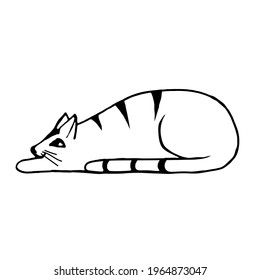 Doodle lying cat on a white background.Vector cat can be used in postcards, coloring pages,and textiles.