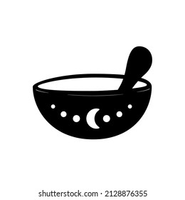 Doodle magic bowl.Vector illustration of witch dish with pestle for cooking.Isolated element on white background.
