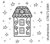 Doodle magic house at night coloring page. Sweet dreams black and white card. Outline fantasy background. Vector illustration