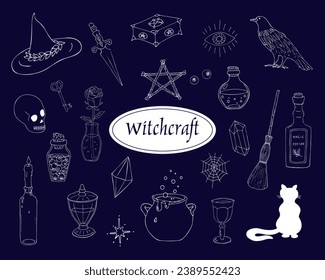 Doodle magic items, bottles of magic poison, witch book, and sorcerer, tarot cards. A collection of mystical elements. Esoteric doodle elements 