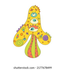 Doodle magic mushroom.Psychedelic fungus. Isolated on white background.