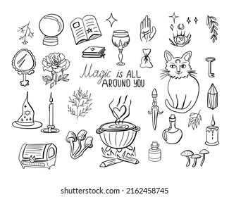 Magia de Doodle con gato, libros, flores, poción, hongos para brujería