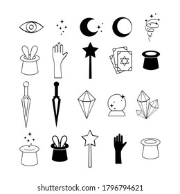 Die Zaubersymbole des Doodles setzen Symbol einzeln auf Weiß. Handzeichenkunst. Skizze Vektorgrafik. EPS10