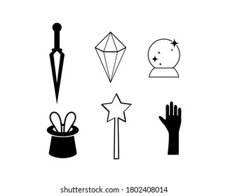 Doodle magic symbols set icon isolated on white. Hand drawing line art for holloween, xmas etc. Sketch vector stock illustration. EPS 10