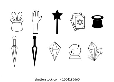 Doodle magic symbols set icon isolated on white. Hand drawing line art. Sketch vector stock illustration. EPS 10
