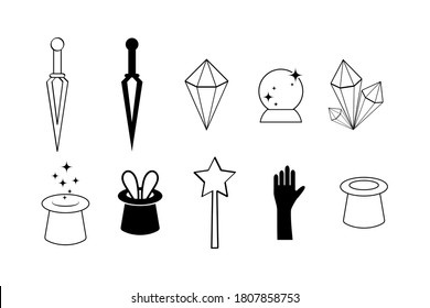 Los símbolos mágicos Doodle establecen un icono aislado en blanco. Dibujo manual de línea de dibujo. Dibujar ilustración de material vectorial. EPS 10