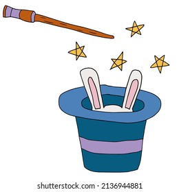 Doodle magic trick with the appearance of a rabbit from a hat isolated on white background.