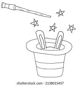 Doodle magic trick with the appearance of a rabbit from a hat isolated on white background.