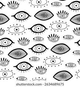 Doodle magic turkish evil eye seamless pattern. Greek magic astrology design. Vector background