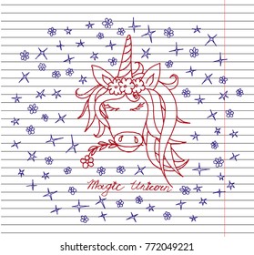 Doodle magic unicorn on copybook background. Unicorn icon.  Simple unicorn. Hand drawn. vector illustration.