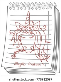 Doodle magic unicorn on notebook background. Unicorn icon.  Simple unicorn. Hand drawn. vector illustration.