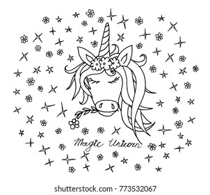 Doodle magic unicorn on white background. Unicorn icon.  Simple unicorn. Hand drawn. vector illustration.