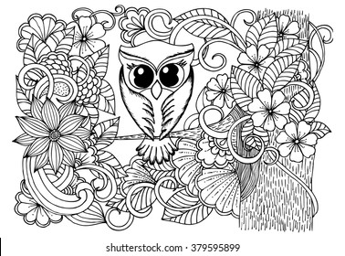 Doodle magical forest and owl.
