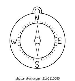 Doodle Magnetic compass. Navigation tool. Equipment for tourism, travel, hiking. Outline black and white vector illustration isolated on a white background.