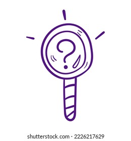 Doodle magnifier with question. Line art vector icon on white background.