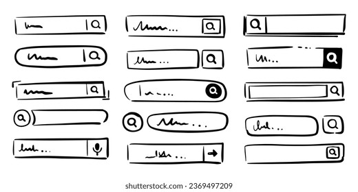 Doodle of magnifying search button, microphone hand drawn sketch. Vector icon for voice search bar, design and web site. Searching address and navigation, form template for website