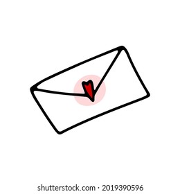 Doodle mailing envelope with red heart. Hand-drawn letter icon isolated on white background. Sign of communication, message, mail, Valentines Day, February 14 love Valentine. Vector cute illustration