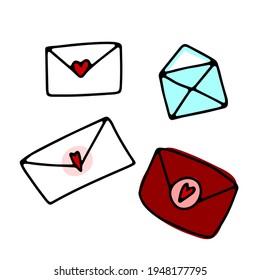 Doodle mailing envelopes with hearts. Hand drawn line letter isolated on white background. Sign of communication, message, mail, Valentines Day, February 14 love Valentine. Vector cute illustration