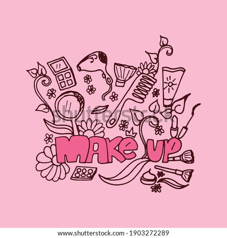 doodle makeup art isolated on pink background. beauty product for woman. hand drawn vector. makeup-hand drawn lettering. doodle for wallpaper, cover, banner, poster, advertising. beauty icon.