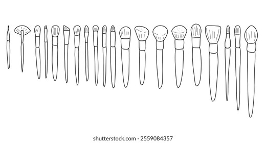 Doodle makeup brush. Hand drawn makeup brushes set. Line art style. Stock vector illustration isolated on a white background.