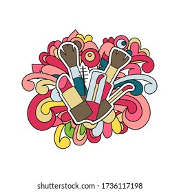 Doodle makeup design. Vector illustration. Lipstick, glitter and brushes