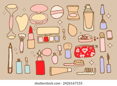  Doodle conjunto de maquillaje, cosas de belleza. Ilustración vectorial.