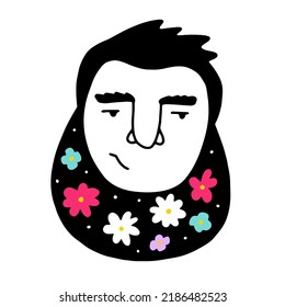 Doodle male face with color flowers, herbs in beard. Hand-drawn sarcastic man on white background. Human Avatar. Fathers day, groom, barbershop sign. Cartoon daddy portrait. Vector hippie illustration