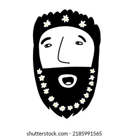Doodle male face with flowers chamomile in beard, hair. Hand-drawn man isolated on white background. Human Avatar. Fathers day, groom, barbershop sign. Cartoon daddy portrait. Vector cute illustration