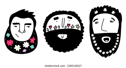 Doodle male faces with color flowers in beards, hair set. Hand-drawn people isolated on white background. Human Avatar. Fathers day, groom, barbershop sign. Cartoon men portrait. Vector illustration